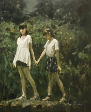 girls passing through the stream Chinese girl Oil Paintings